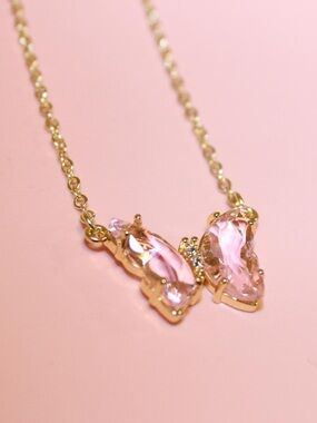 Gold Butterfly Pendant Necklace with Pink Crystals